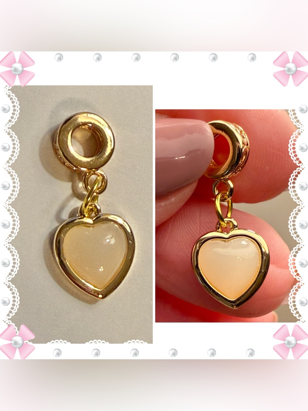 Charm / pendant - Cream heart w/gold tone metal. New! Minor scratches on back